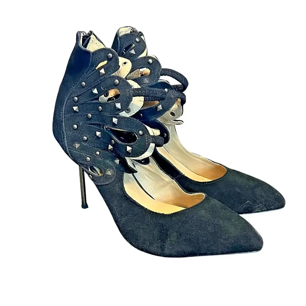 Stiletto Heels Womens 9 Black Suede Shoes Standing In The Wings Studded Sexy